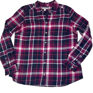 Croft & Barrow Women’s Pink Navy Plaid Flannel Shirt Size Large Long Sleeve